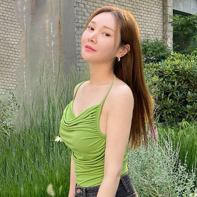 Slimming solid-color halter strap with a neckline