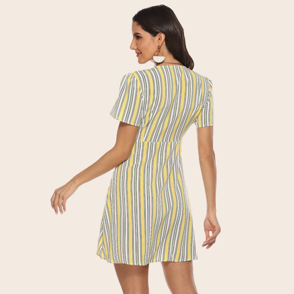 Lemon yellow striped V-neck short-sleeved dress