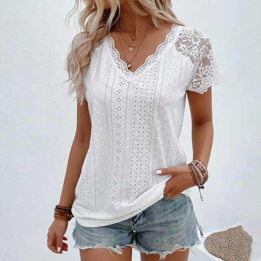 Lace patchwork V-neck short-sleeved T-shirt
