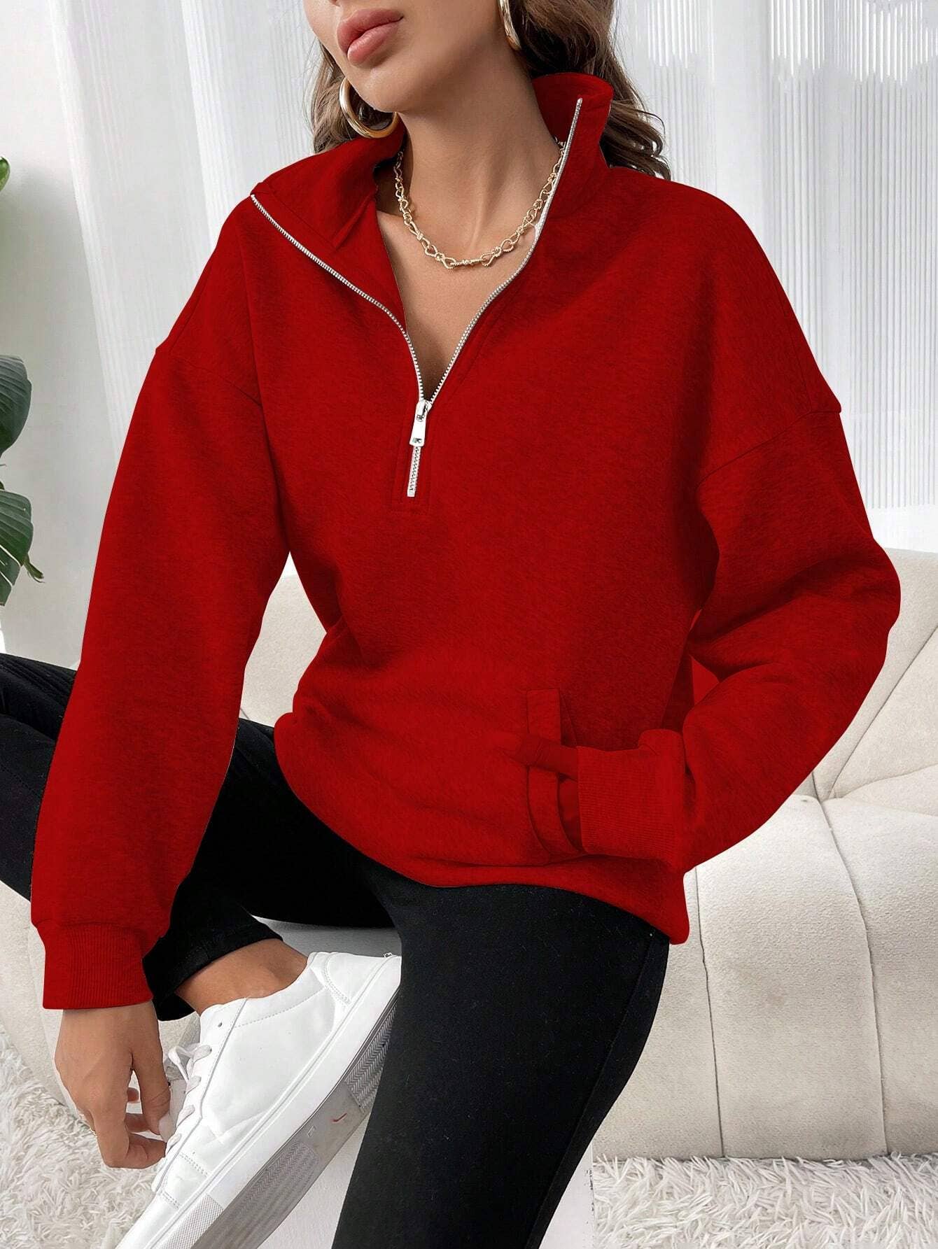 STYLISH ZIP-UP LAPEL SOLID COLOR PULLOVER HOODIE