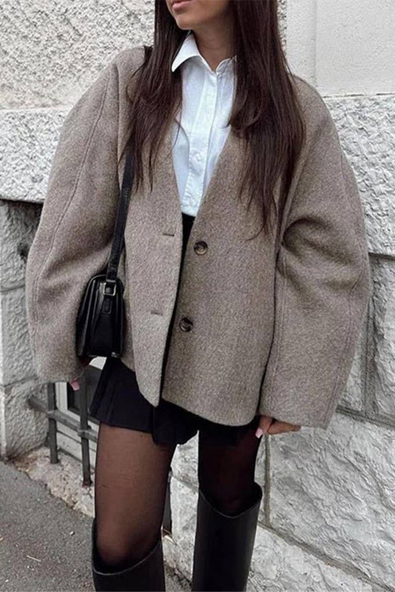 CWOCO0964_V-NECK SINGLE-BREASTED LOOSE SHORT COAT