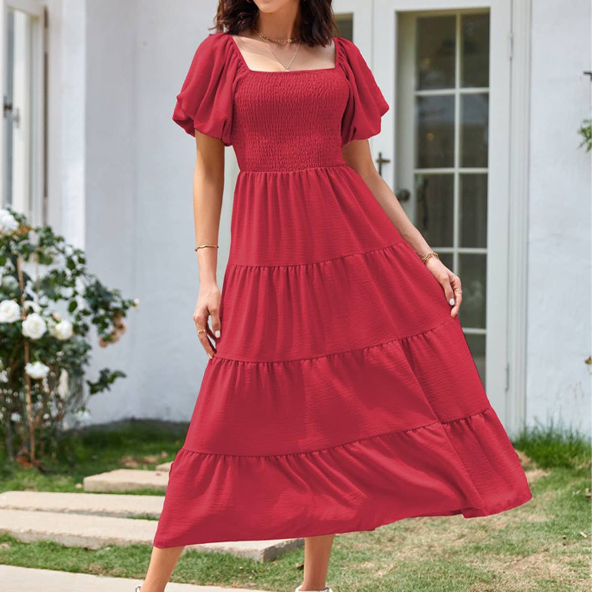 Square neck backless puffy sleeve pleated dress