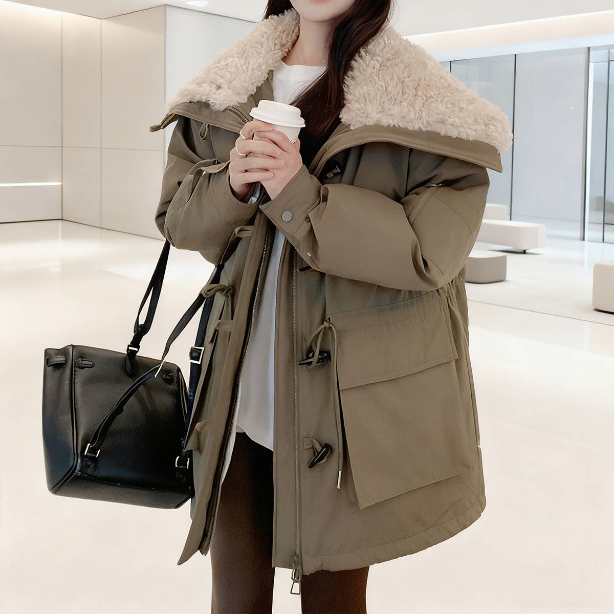 Large lapel horn buckle waist cottons jacket