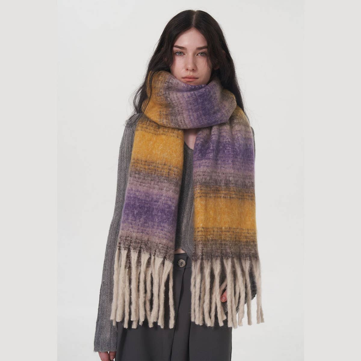 Plaid Stripe Scarf ??Wide Faux Cashmere Wrap_CWASC0333