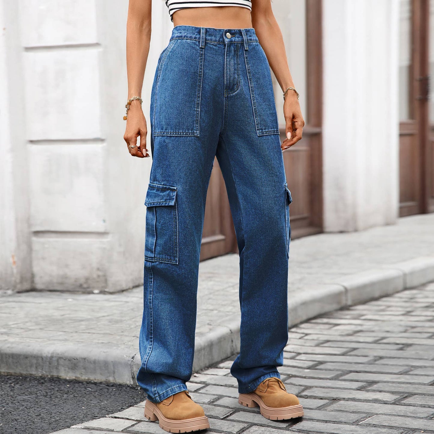 Washed semi-elastic waist denim workwear trousers