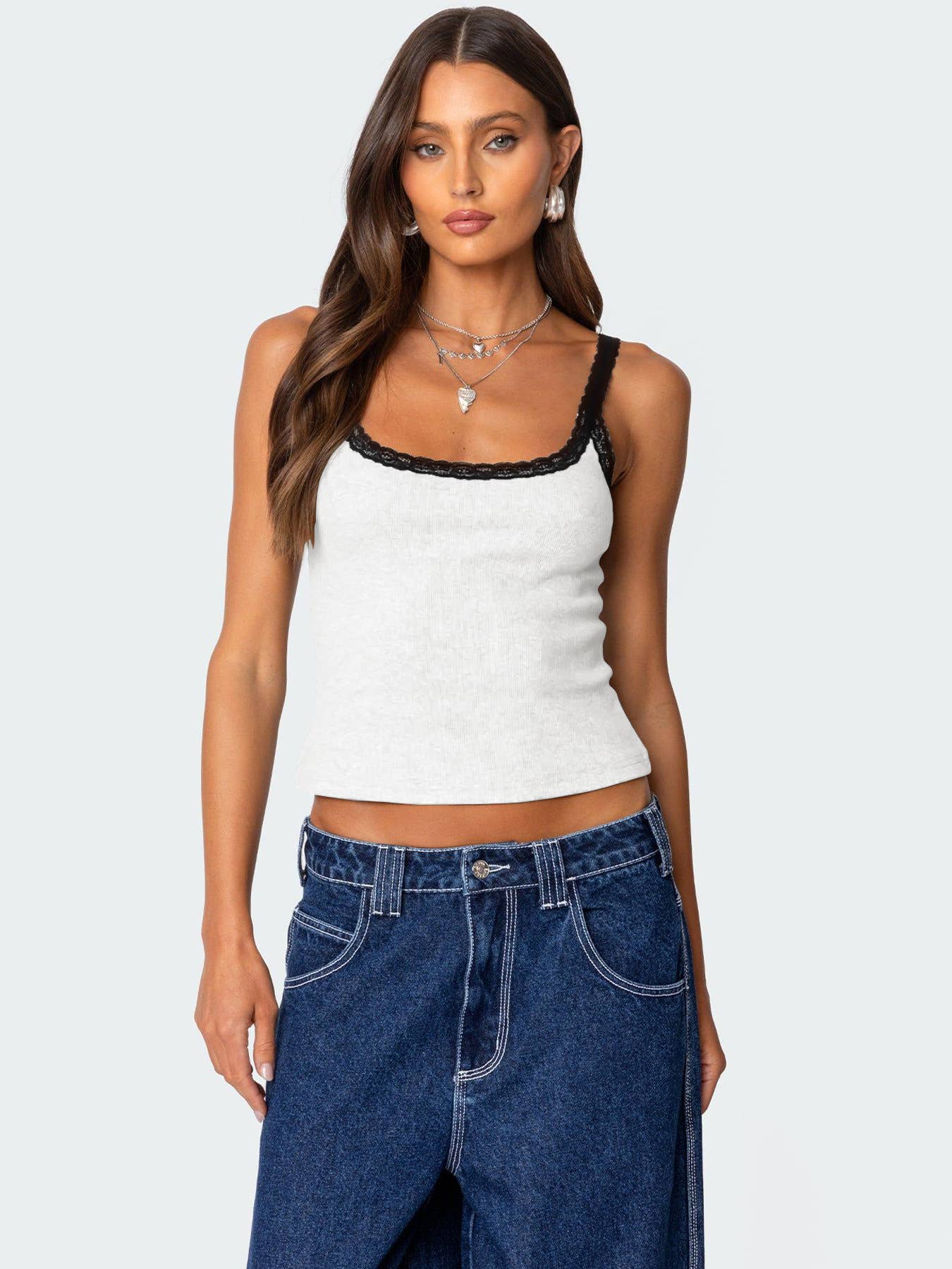 Lace-trimmed and color-blocked halter top