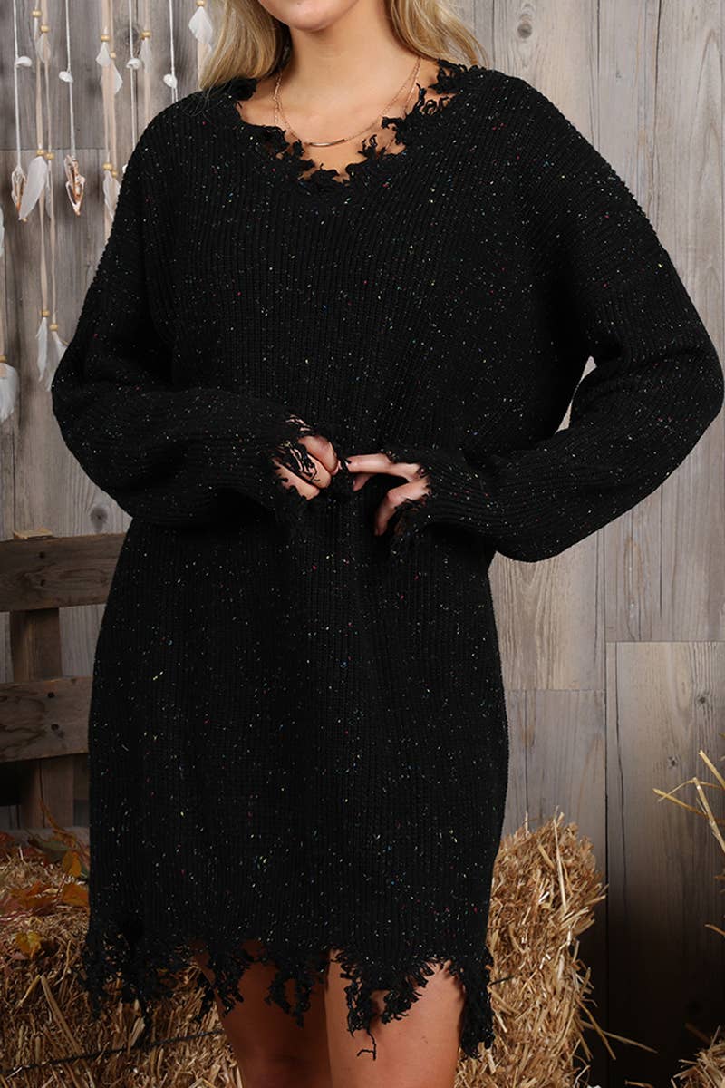 CWDSD10363_INPLUS SOFT TWO TONE DISTRESSED HEM SWEATER DRESS