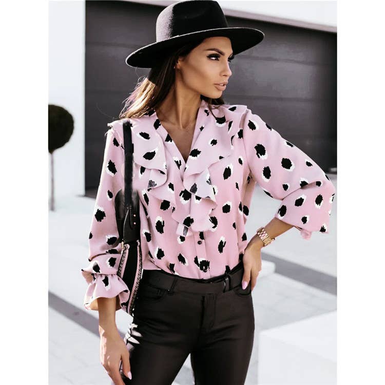 V-NECK BUTTON-DOWN LONG-SLEEVED PRINTED SHIRT