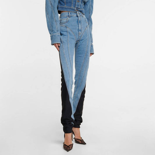 COLOR BLOCKING PATCHWORK WASHED LIGHT DENIM PANTS