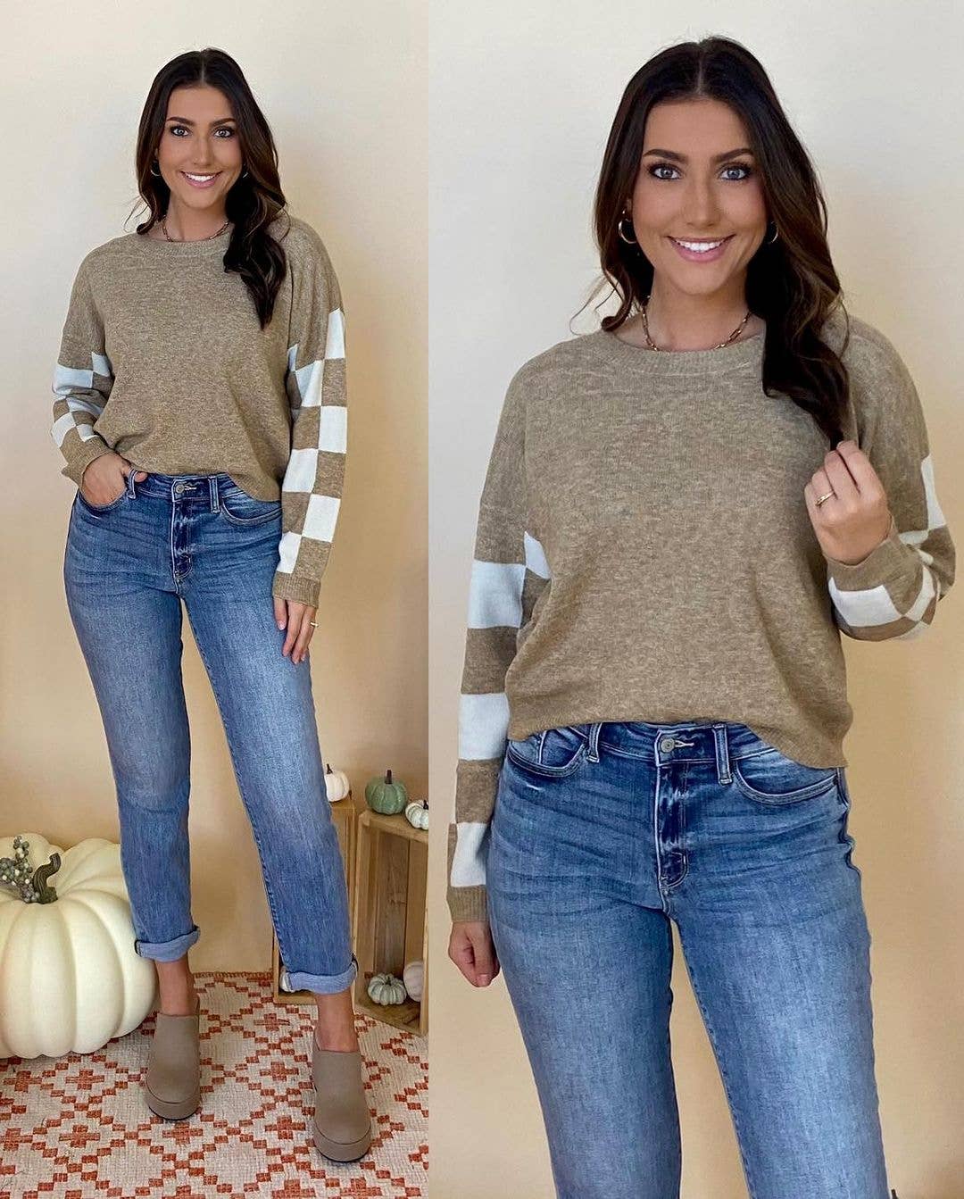 Fashionable color-blocking long-sleeved sweater