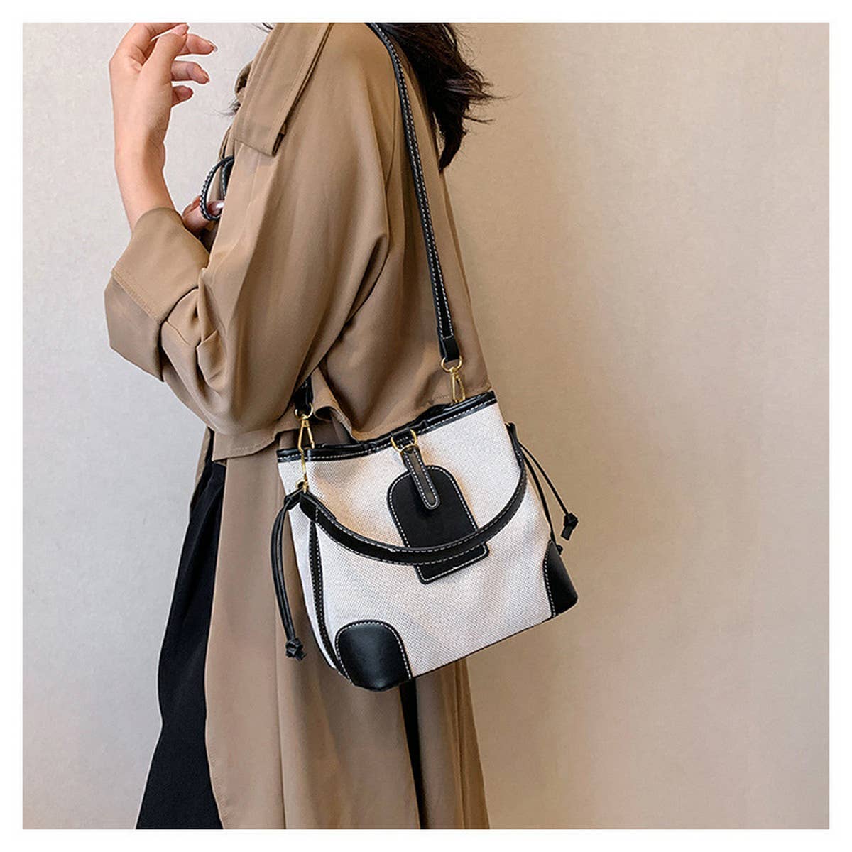 CANVAS CONTRAST BUCKET BAG SHOULDER BAG_CWAB1589