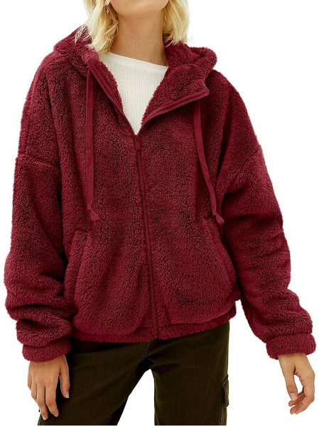 SOLID COLOR CASUAL PLUSH ZIPPER HOODED COAT