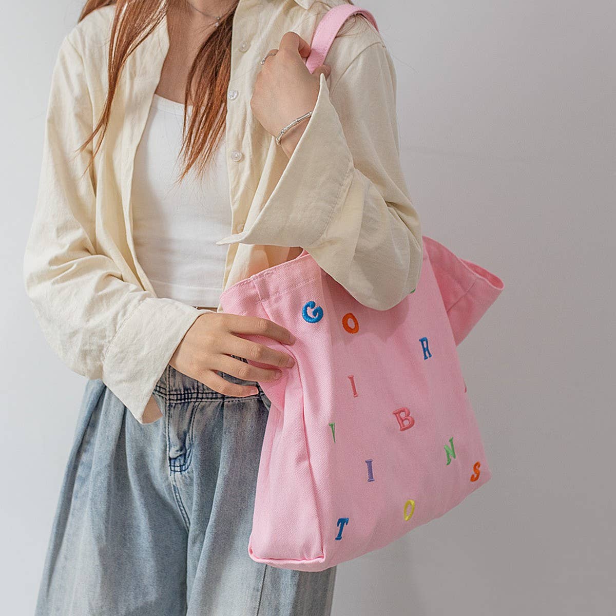 Embroidered Letter Canvas Tote Bag for Women_CWAB5623