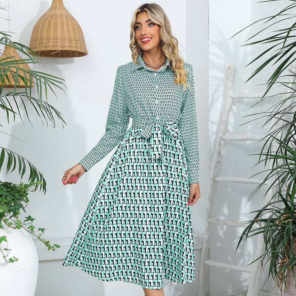 PLAID PATCHWORK LACE-UP LONG-SLEEVED DRESS