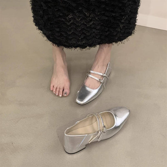 Silver Chunky Heel Mary Jane Shoes for Women