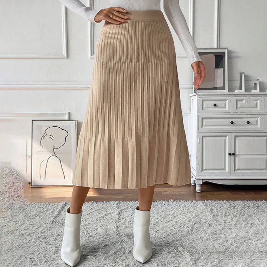 TEMPERAMENT COMMUTER SOLID COLOR PLEATED SKIRT