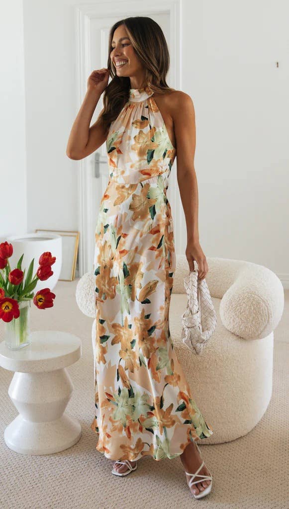 Lace-up,halter-neck,tie,backless printed dress