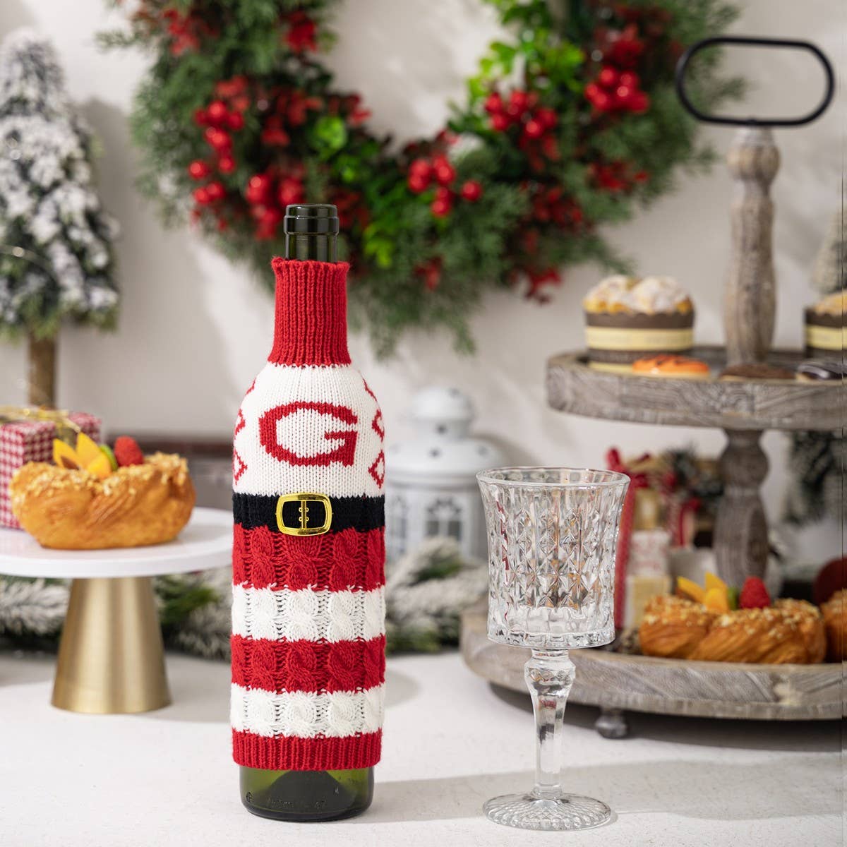 CWMM10337_KNITTED LETTER WINE BOTTLE COVER RED WHITE STRIPES