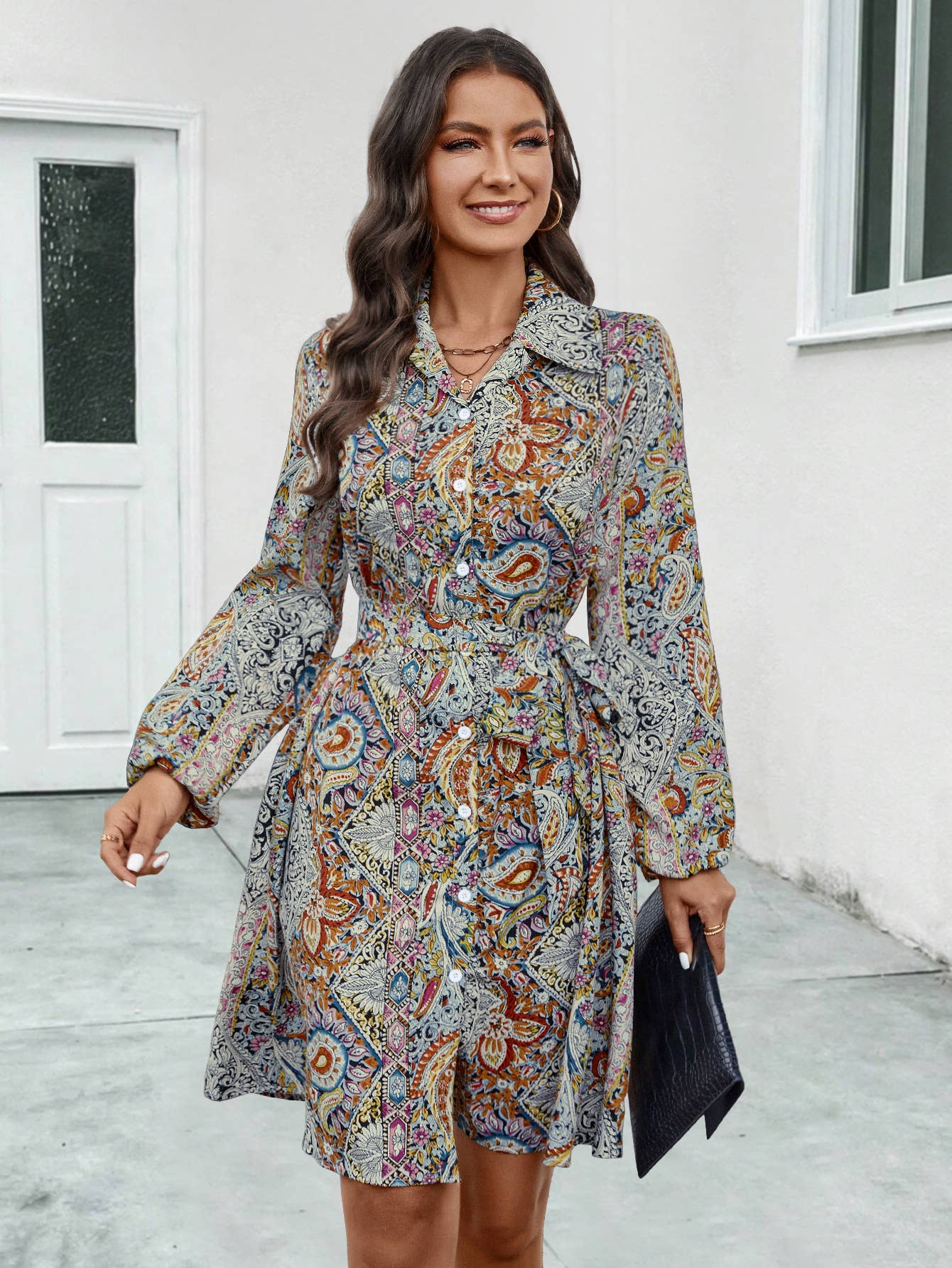 Ethnic style printed long-sleeved shirt dress