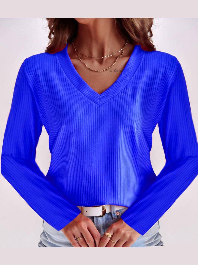 Solid-color V-neck bright long-sleeved T-shirt