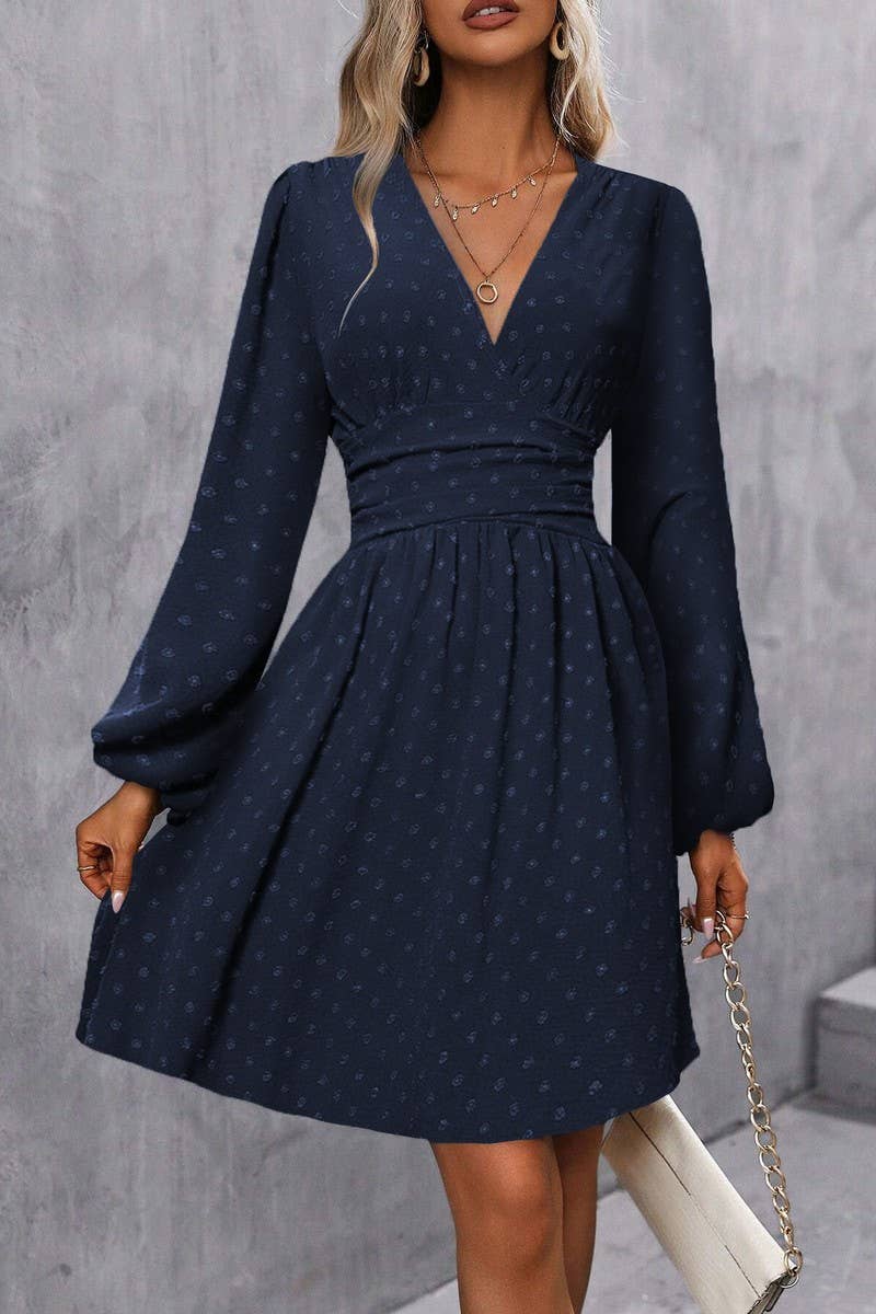 CWDSD6427_JACQUARD V-NECK LANTERN SLEEVE DRESS
