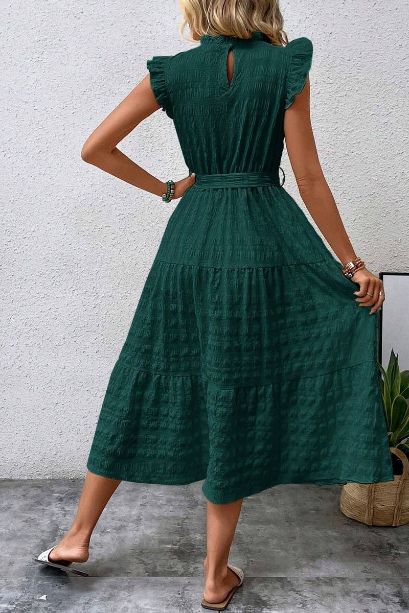CWDMD4952_SUMMER RUFFLED FLYING SLEEVES TEXTURED DRESS