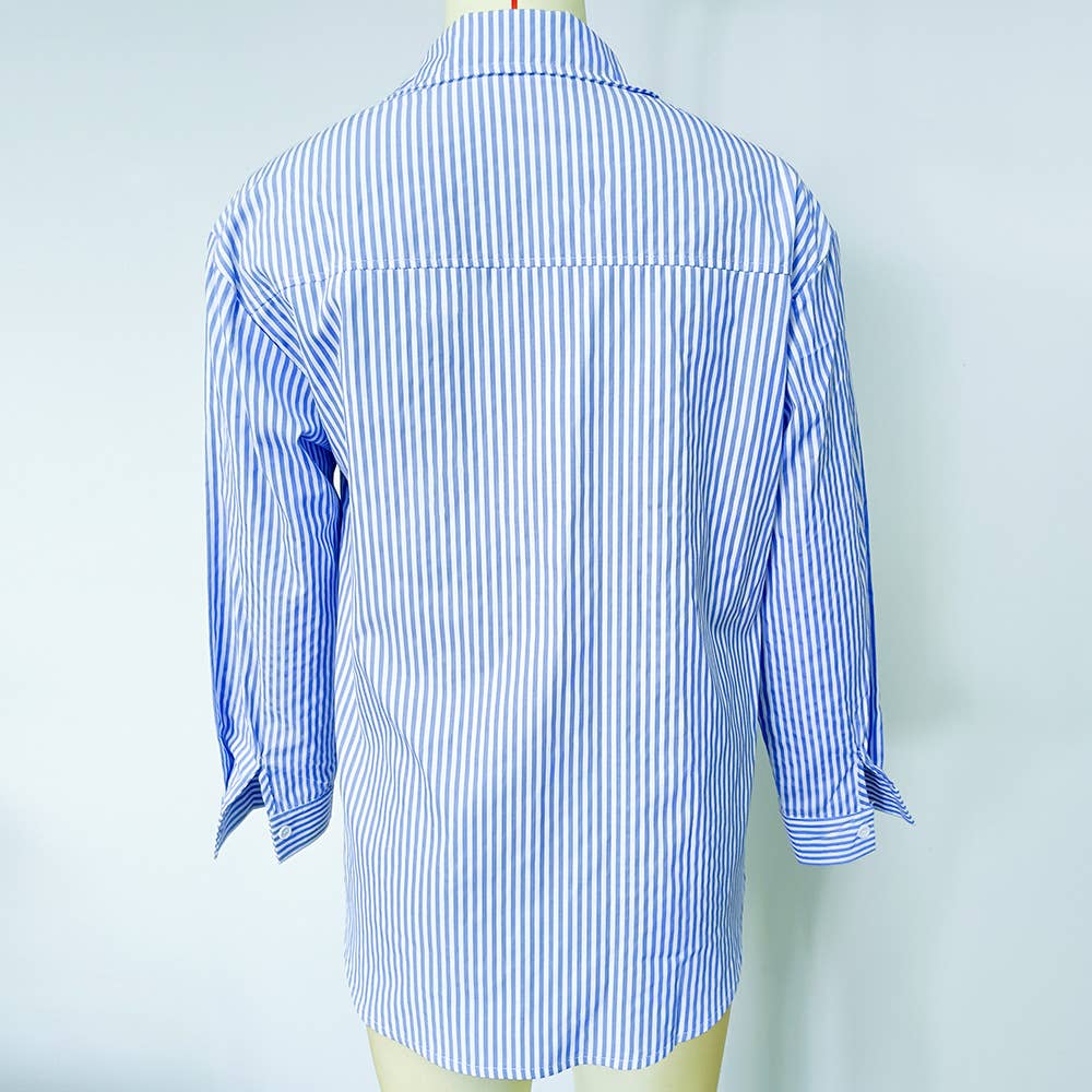 STRIPED BAGGY LAPEL LONG-SLEEVED BUTTON-UP SHIRT