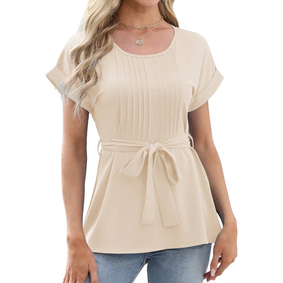 Ruffled round neck short sleeved casual shirt