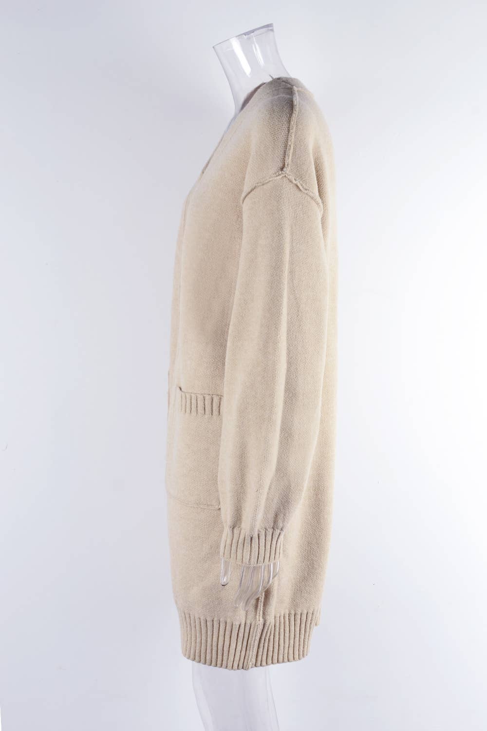 KNIT SOLID POCKET LONG FASHION SWEATER JACKET