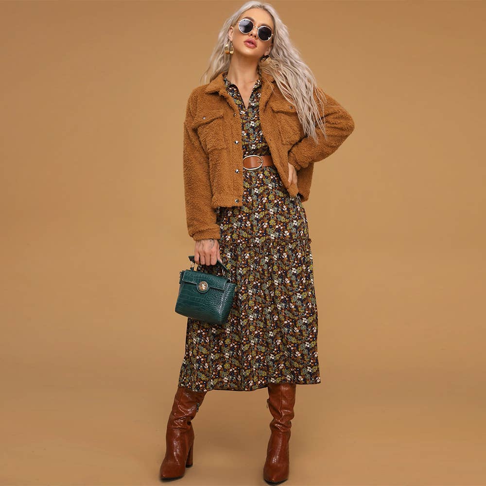 Single-breasted lapel long-sleeved furry jacket