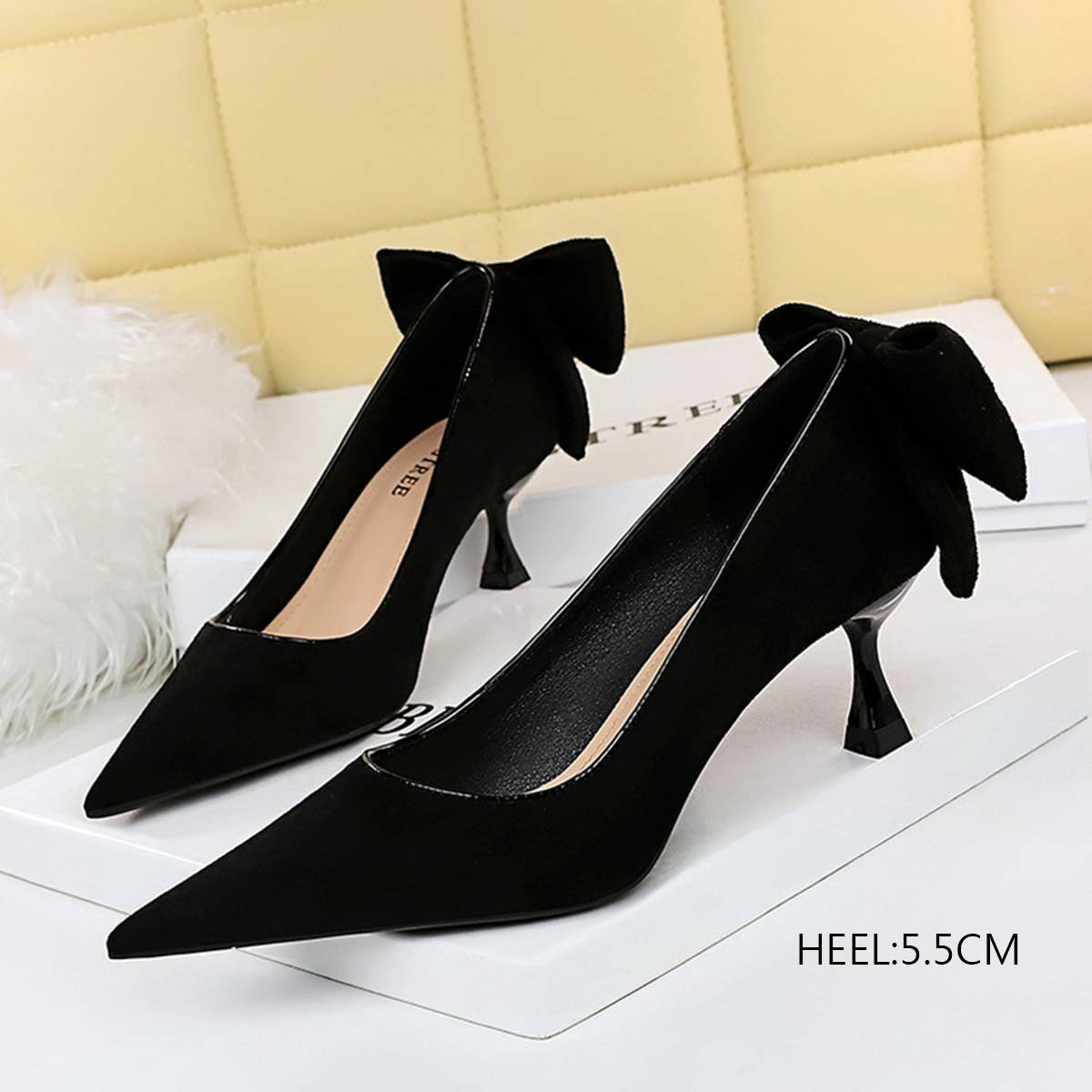 WOMEN SUEDE SHALLOW POINTED TOE BOW HIGH HEELS