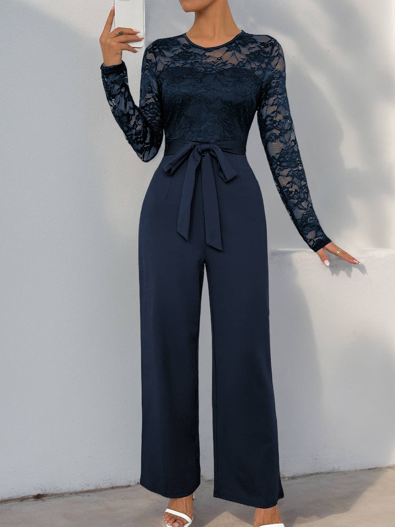 Lace-spliced zipper lace-up solid color jumpsuit