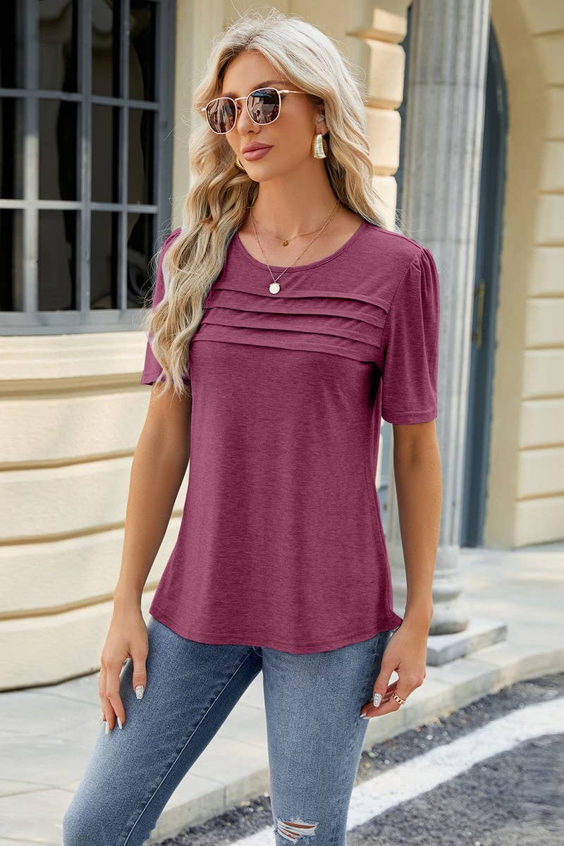 SOLID COLOR ROUND NECK SHORT SLEEVE PLEATED TOP_CWTSTS0343