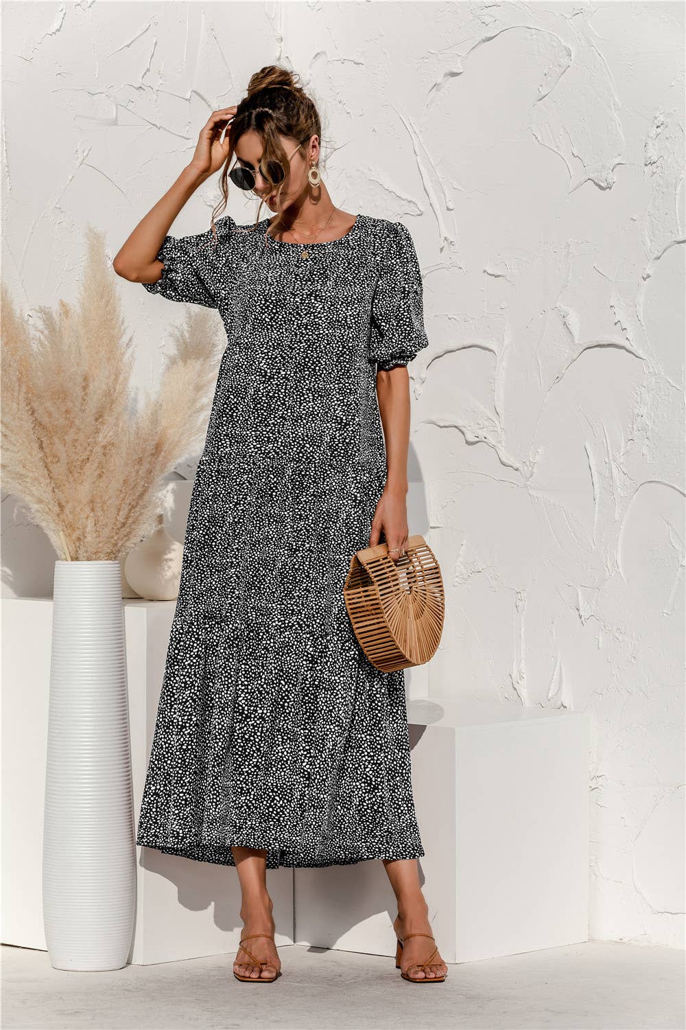 Puffed sleeve polka dot plaid patchwork dress