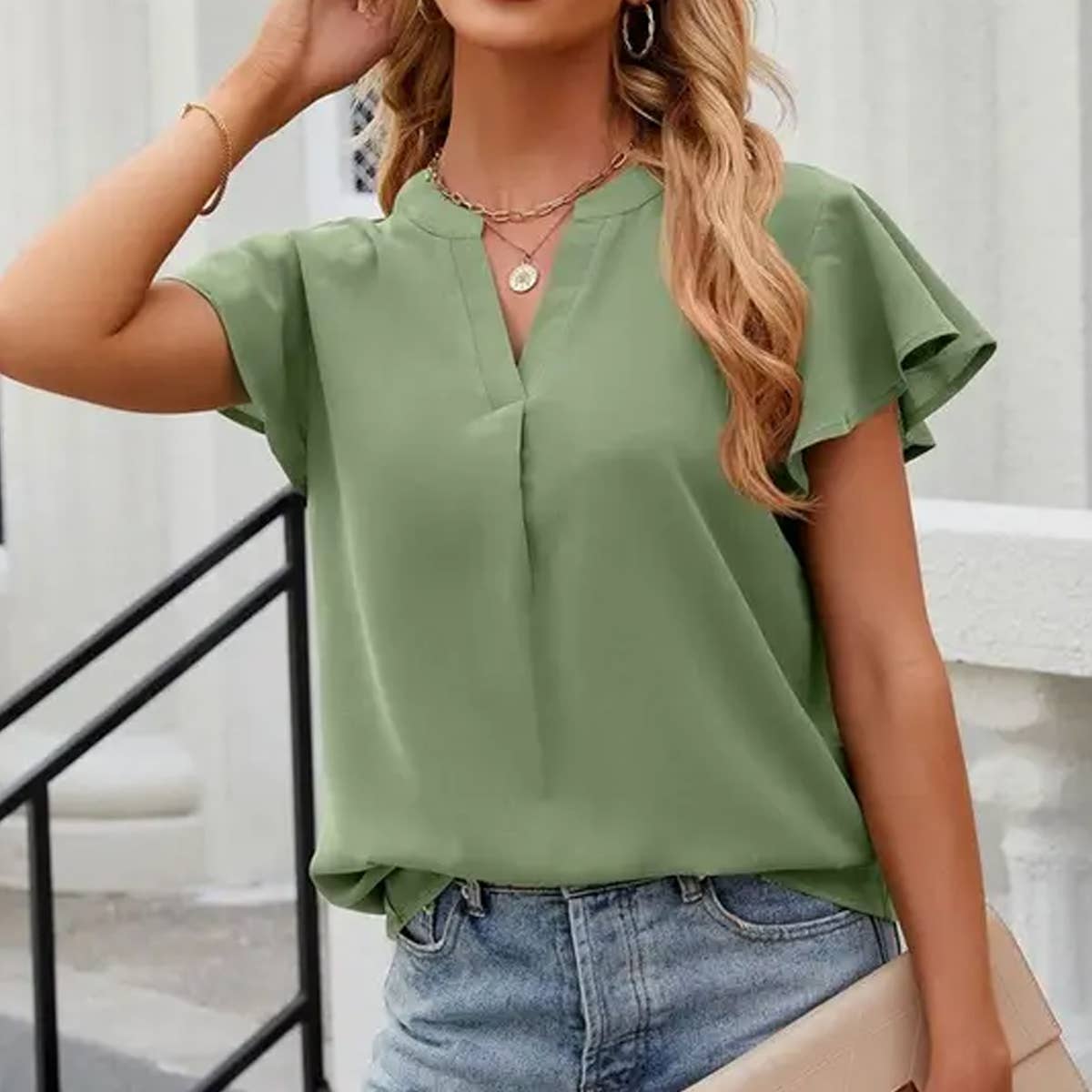 SOLID COLOR V NECK LOOSE SHORT SLEEVE CHIFFON TOP_CWTSTS0316
