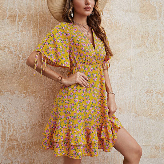 V-NECK WAIST FLORAL PRINT SHORT DRESS