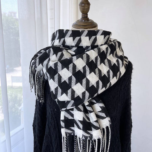 Houndstooth Tassel Scarf - Thick Winter Wrap