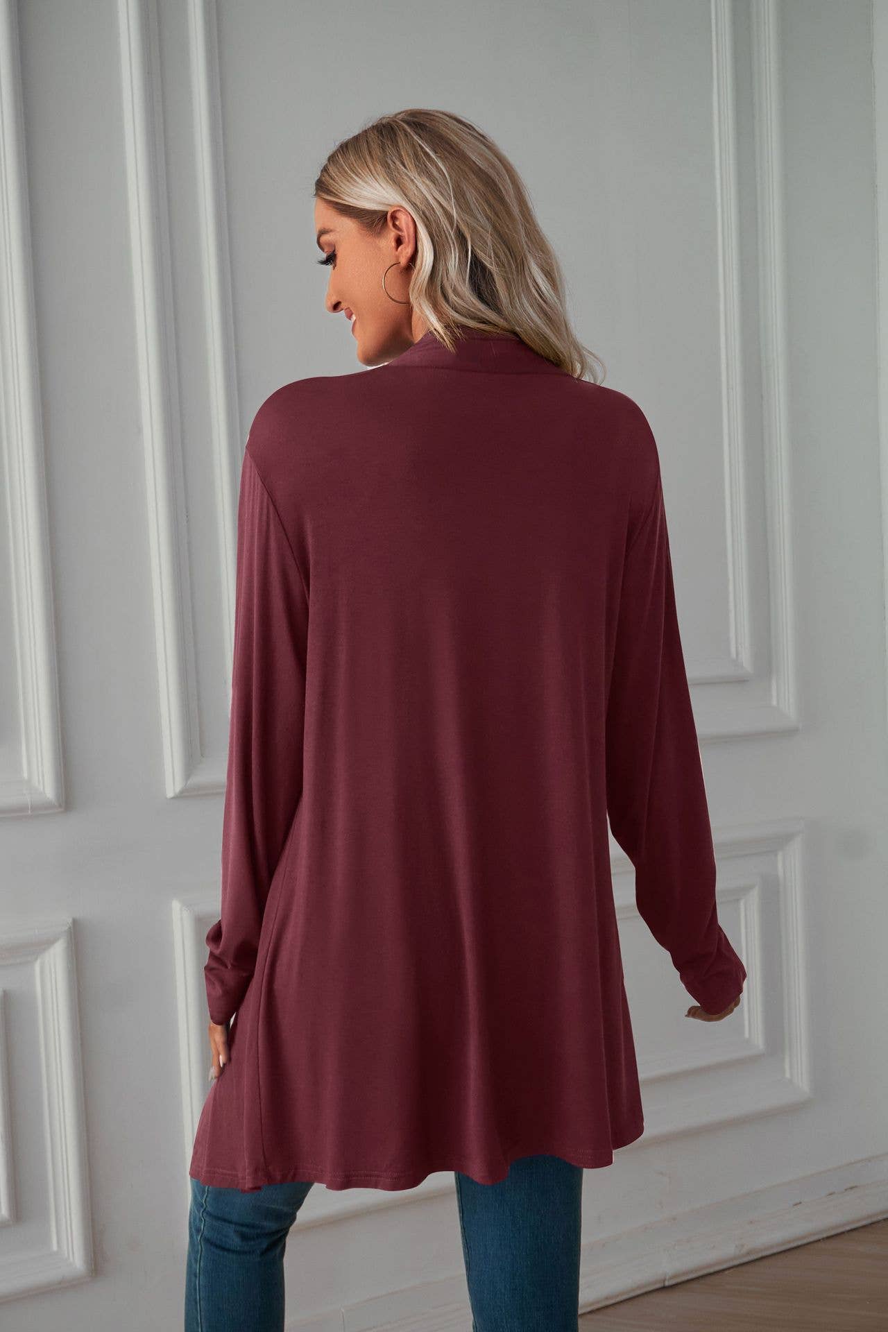 Solid-color,buttonless long-sleeved cardigan