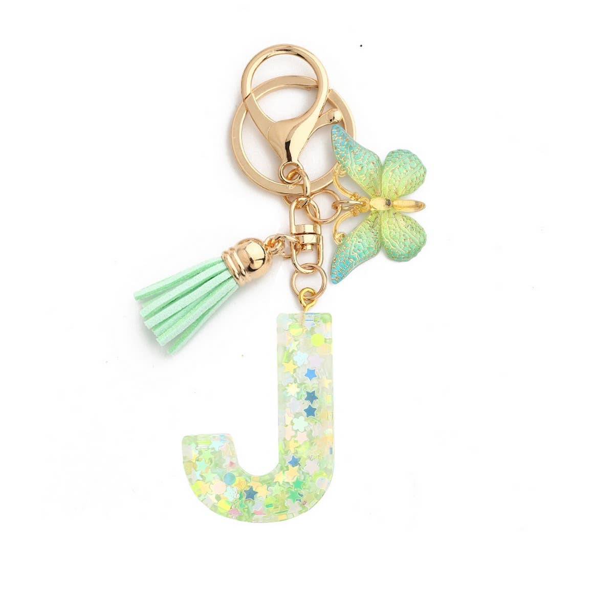 Green Butterfly Resin Letter Keychain with Glitter_CWAB5079