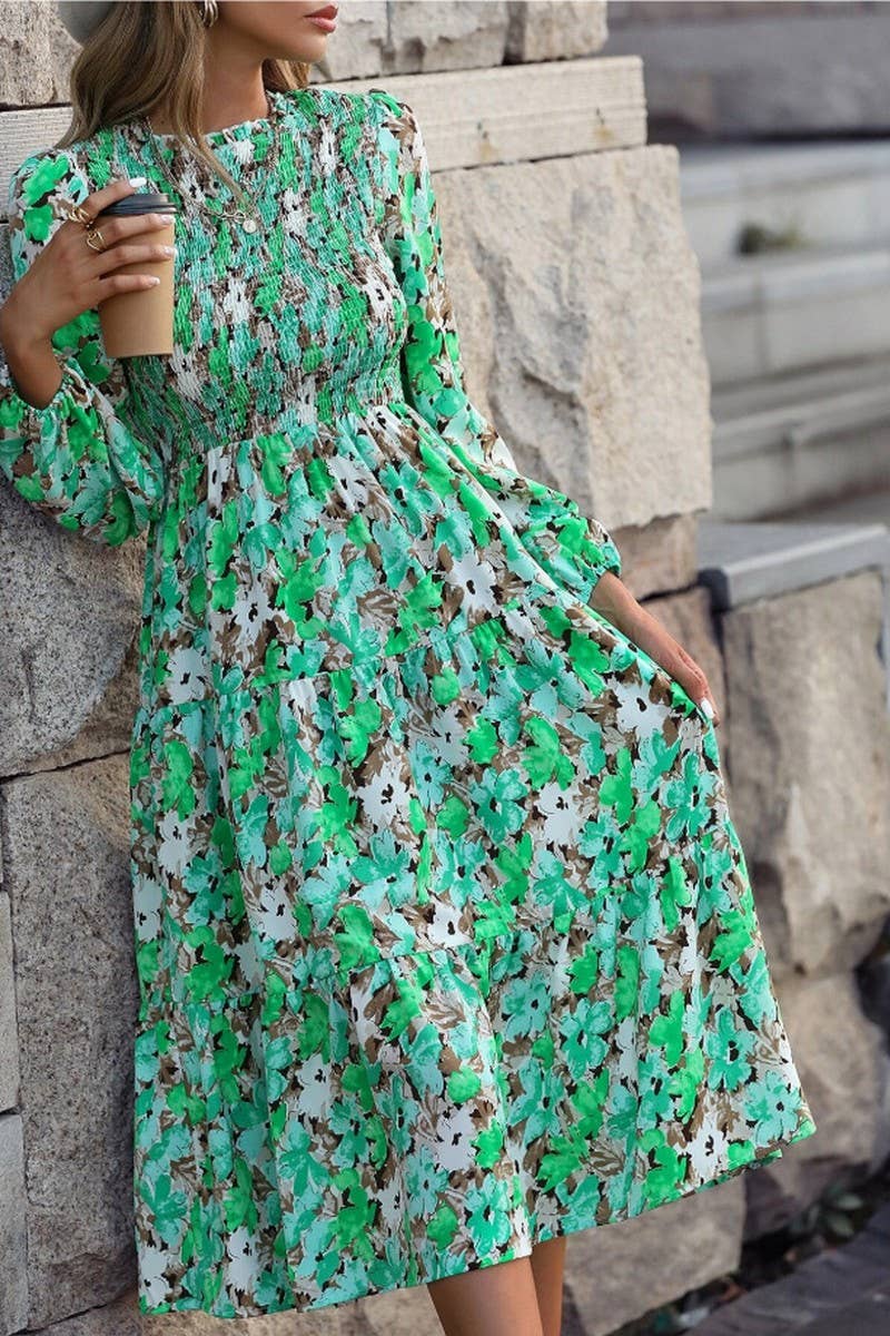 CWDMD4099_PRINTED PLEATED LONG SLEEVE CAKE DRESS