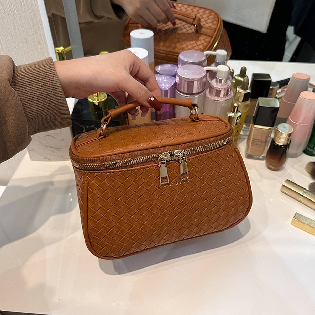 WOVEN PATTERN LARGE CAPACITY COSMETIC BAG_CWAB4419