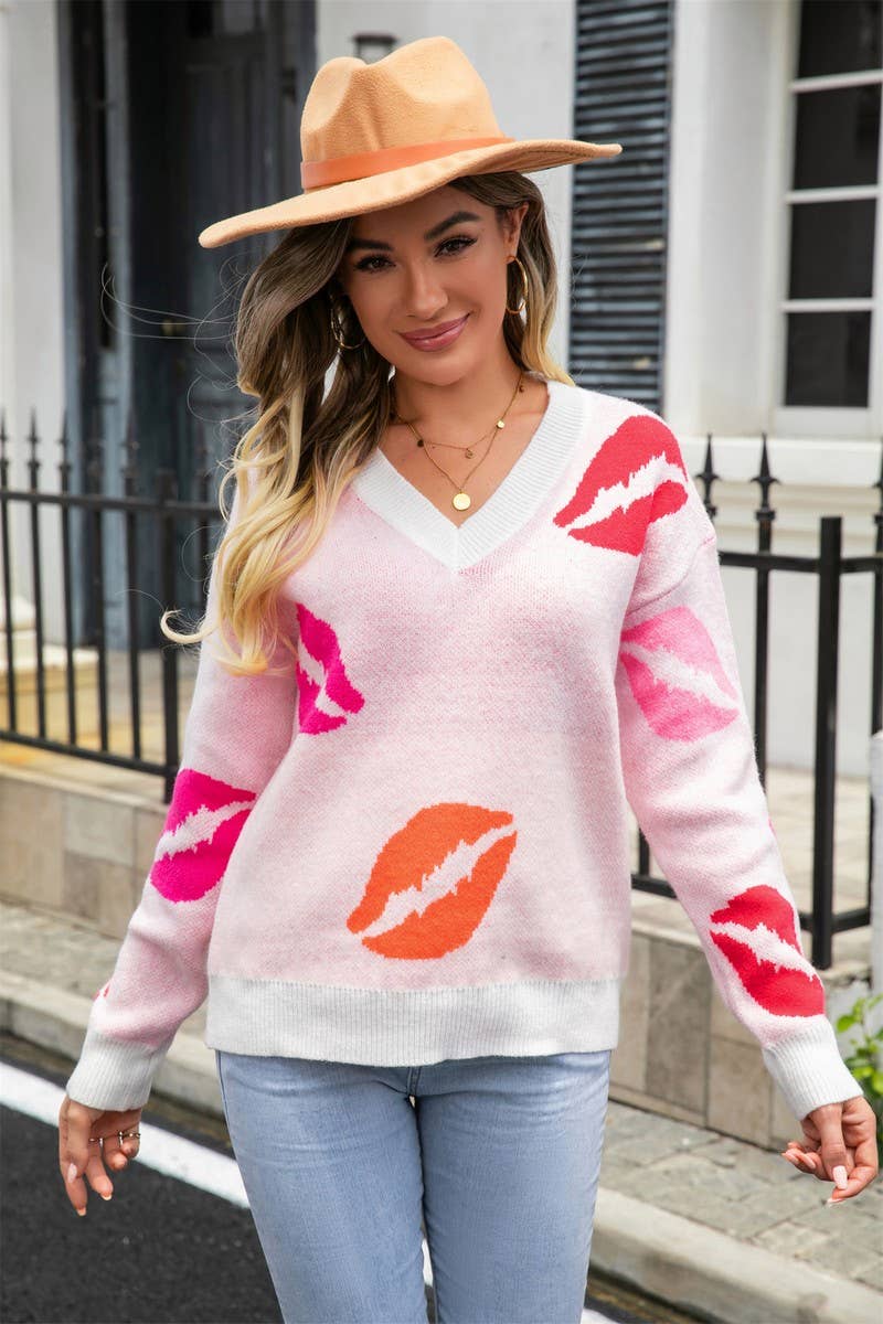 WOMEN LIPS PATTERN V NECK CASUAL SWEATER_CWOSWL1554