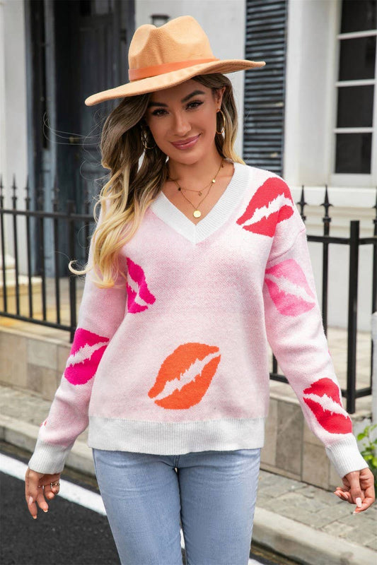 WOMEN LIPS PATTERN V NECK CASUAL SWEATER_CWOSWL1554