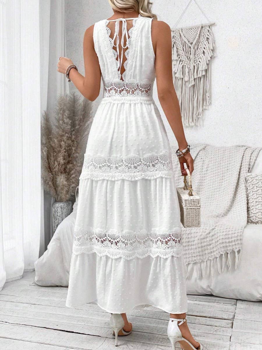 Lace splicing solid color v-neck sleeveless dress
