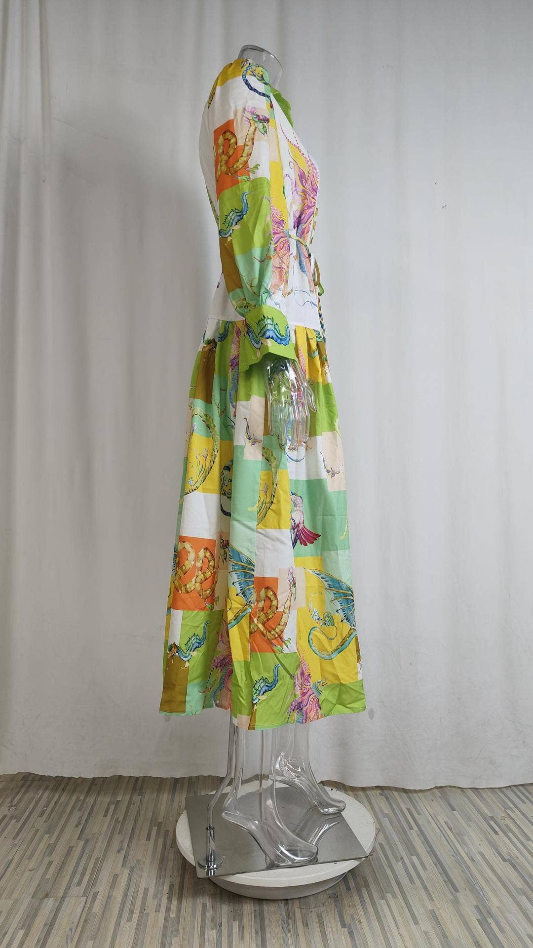 LANTERN SLEEVE PRINTED LAPEL LONG-SLEEVED DRESS