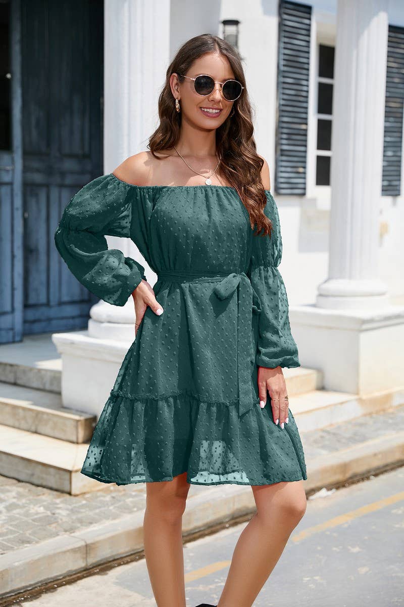 CWDSD8400_OFF SHOULDER POM POM CHIFFON BELTED DRESS