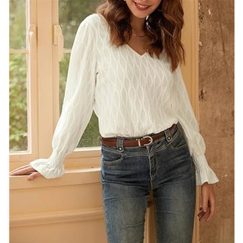 Fashion solid-color V-neck long-sleeved T-shirt