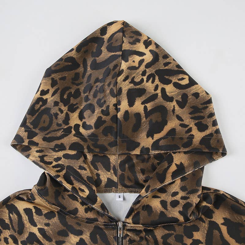 LEOPARD PRINT ZIPPER HOODIE PATCHWORK CARDIGAN