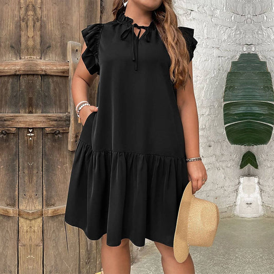 Chic Ruffle Neckline Tie Waist Vacation Dress