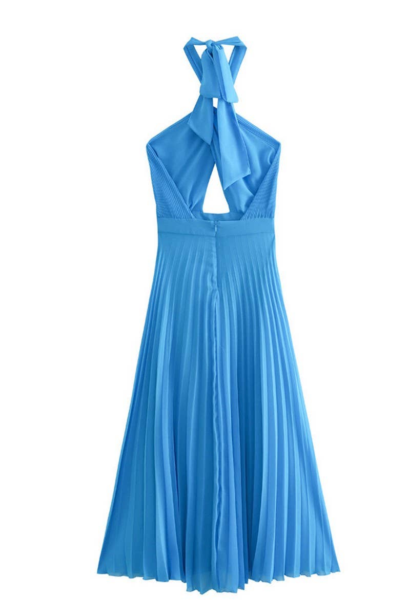 CWDHL0632_SLIM FIT SMALL PLEATED HALTER NECK LONG DRESS